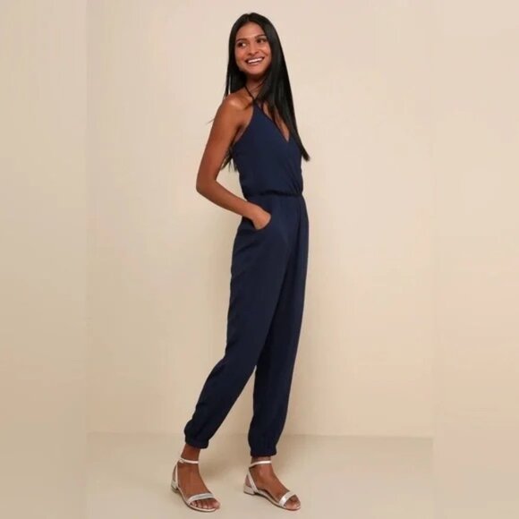 NWT Lulus Learning to Fly Halter Jumpsuit Navy L - Picture 3 of 12